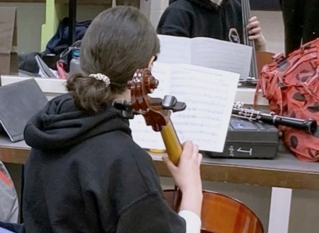 Dorsa playing cello from behind, with her music open in front of her